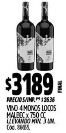 Supermercados Yaguar 4 monos locos vino malbec oferta