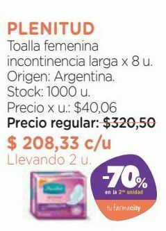 Farmacity Toallas para incontinencia plenitud femme normal plus x 8 un oferta