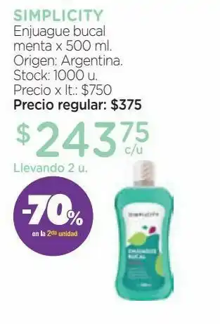 Farmacity Simplicity enjuague bucal menta x 500 ml. oferta