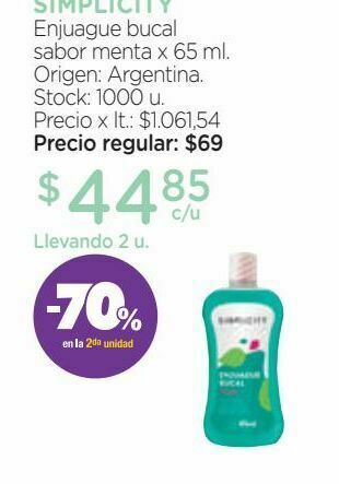 Farmacity Enjuague bucal simplicity sabor menta x 65 ml oferta