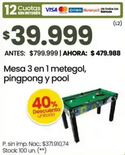 Changomas Mesa 3 en 1 metegol, pingpong y pool oferta