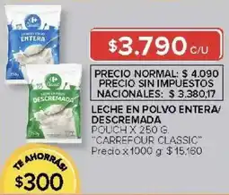 Carrefour Carrefour classic leche en polvo entera descremada pouch oferta