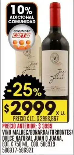 Coto Juan d juana vino malbec/bonarda/torrontes dulce natural bot oferta