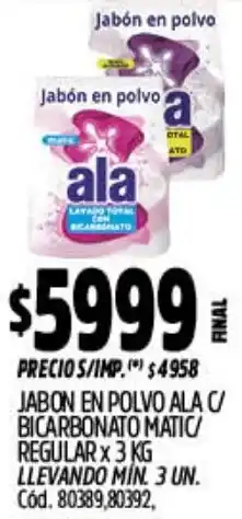 Supermercados Yaguar Ala jabon en polvo c/ bicarbonato matic regular oferta
