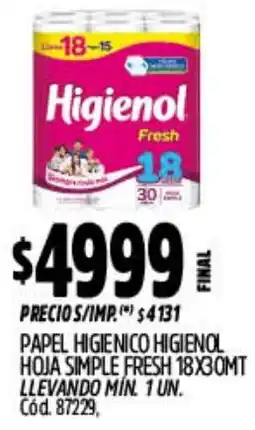 Supermercados Yaguar Higienol papel higienico hoja simple fresh oferta