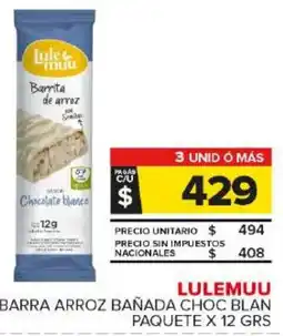 Carrefour Maxi Lulemuu barra arroz bañada choc blan paquete oferta