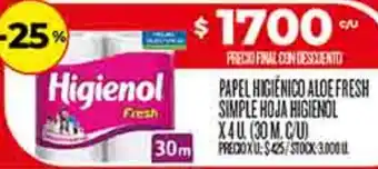 Higienol papel higienico aloe fresh simple hoja