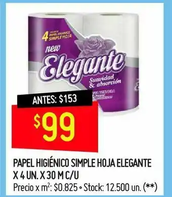 Changomas Papel higiénico simple hoja elegante x 4 un. x 30 m c/u oferta