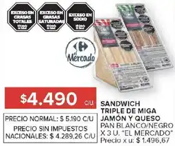 Carrefour El mercado sandwich triple de miga jamón y queso pan blanco/negro oferta
