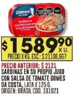 Coto Gomes da costa sardinas en su propio jugo con salsa de tomate lata oferta