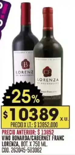 Coto Lorenza vino bonarda/cabernet franc bot. oferta