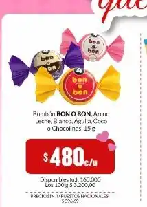 Cooperativa Obrera Bombón BON O BON, Arcor, Leche, Blanco, Águila. Coco o Chocolinas, 15 g oferta