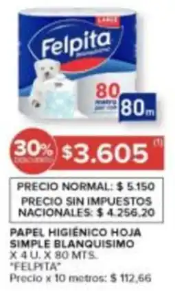 Carrefour Felpita papel higienico hoja simple blanquisimo oferta
