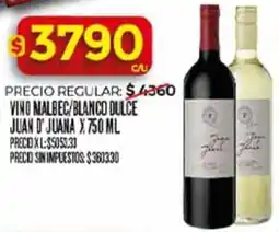 Supermercados DIA Juan d'juana vino malbec/blanco dulce oferta