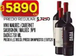 Supermercados DIA Dadá vino malbec/cabernet sauvignon/maleec/n°8 oferta