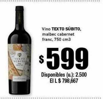 Cooperativa Obrera Vino Texto Súbito Malbec Cabernet Franc oferta