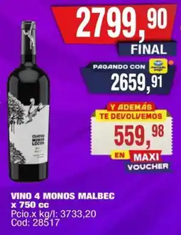Maxiconsumo 4 monos vino malbec oferta