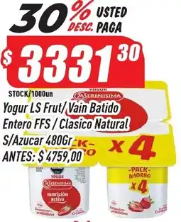 Supermercados Comodin La serenisima yogur frut/vain batido entero ffs/clasico natural s/azucar oferta