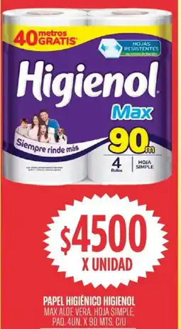Supermercados Vea Higienol papel higiénico max aloe vera, hoja simple, paq. oferta