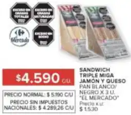 Carrefour El mercado sandwich triple miga jamón y queso pan blanco/ negro oferta