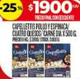 Supermercados DIA Dia capellettis pollo y espinaca cuatro quesos/carne oferta