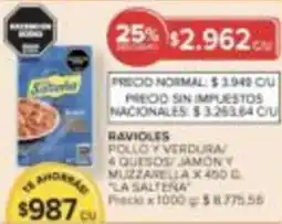 Carrefour Market Ravioles pollo y verdura 4 quesos jamony muzzarella oferta