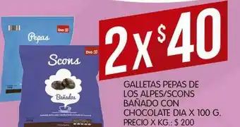 Supermercados DIA Galletas Pepas De Los Alpes Scons Bañado Con Chocolate Dia x 100g oferta