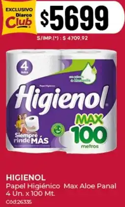 Diarco Higienol papel higiénico max aloe panal oferta