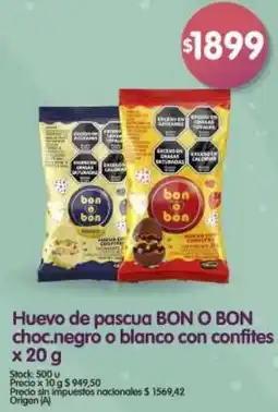 Supermercados Buenos Días Bon o bon huevo de pascua choc.negro o blanco con confites oferta