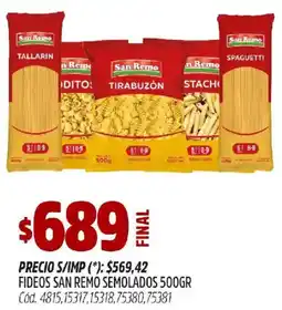 Supermercados Yaguar San remo fideos semolados oferta