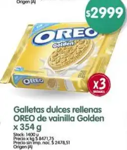 Supermercados Buenos Días Oreo galletas dulces rellenas de vainilla golden oferta