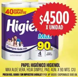 Supermercados Vea Higienol papel higiénico max aloe vera, hoja simple, paq. oferta