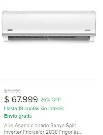 Mercado Libre Aire Acondicionado Sanyo Split Inverter Frio/calor 2838 Frigorias oferta