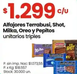 Changomas Alfajores terrabusi, shot, milka, oreo y pepitos unitarios triples oferta
