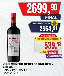 Maxiconsumo Muñeco vino rebelde malbec oferta