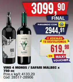 Maxiconsumo 4 monos / safari vino malbec oferta