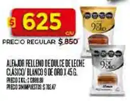 Supermercados DIA 9 de oro alfajor relleno dedulce de leche clásico blanco oferta