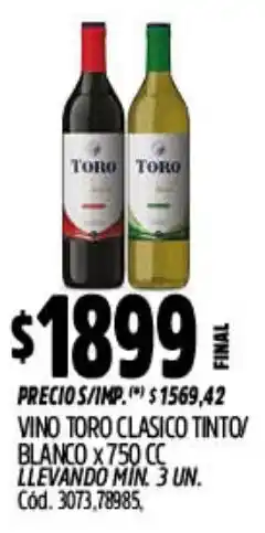 Supermercados Yaguar Toro vino clasico tinto/ blanco oferta