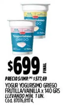 Supermercados Yaguar Yogurisimo yogur griego frutilla/vainilla oferta