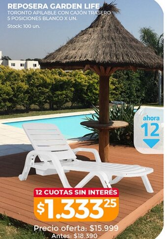 Supermercados Tadicor Reposera Garden Life Toronto Apilable Con Cajón Trasero 5 Posiciones Blanco x Un. oferta