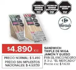Carrefour El mercado sandwich triple de miga jamón y queso pan blanco/negro oferta