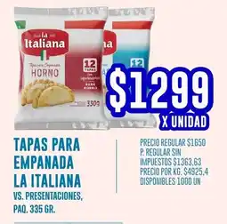 Supermercados Vea La italiana tapas para empanada vs. presentaciones, paq. oferta