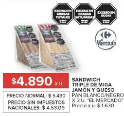 Carrefour Market El mercado sandwich triple de miga jamón y queso pan blanco/negro oferta