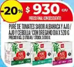 Supermercados DIA Dia pure de tomates sabor albahaca y ajo/ ajo y cebolla/con oregano oferta