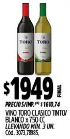 Supermercados Yaguar Toro vino clasico tinto/ blanco oferta