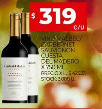 Supermercados DIA Vino Malbec Cabernet Sauvignon Cuesta Del Madero oferta