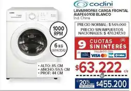 Carrefour Codini lavarropas carga frontal AIAFE6010B blanco oferta