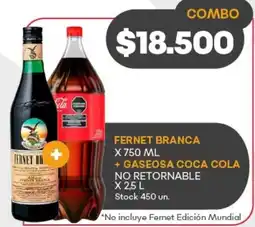 Supermercados Tadicor Fernet branca + gaseosa coca cola no retornable oferta