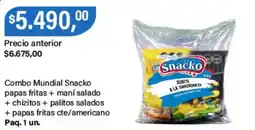 Supermercados Damesco Snacko combo mundial papas fritas + maní salado + chizitos + palitos salados + papas fritas cte/americano paq. oferta