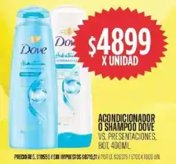 Supermercados Vea Dove vs. presentaciones acondicionador o shampoo bot. 400ml oferta